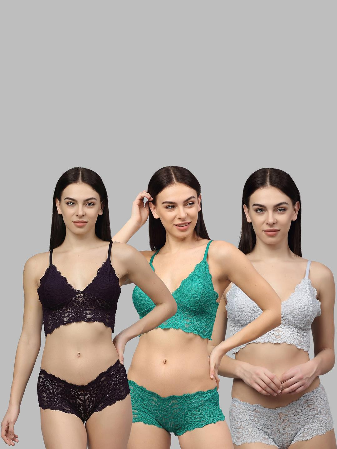 Women Blue,Green,Grey Net Bra Panty Set for Lingerie Set Undergarments Pack of 3