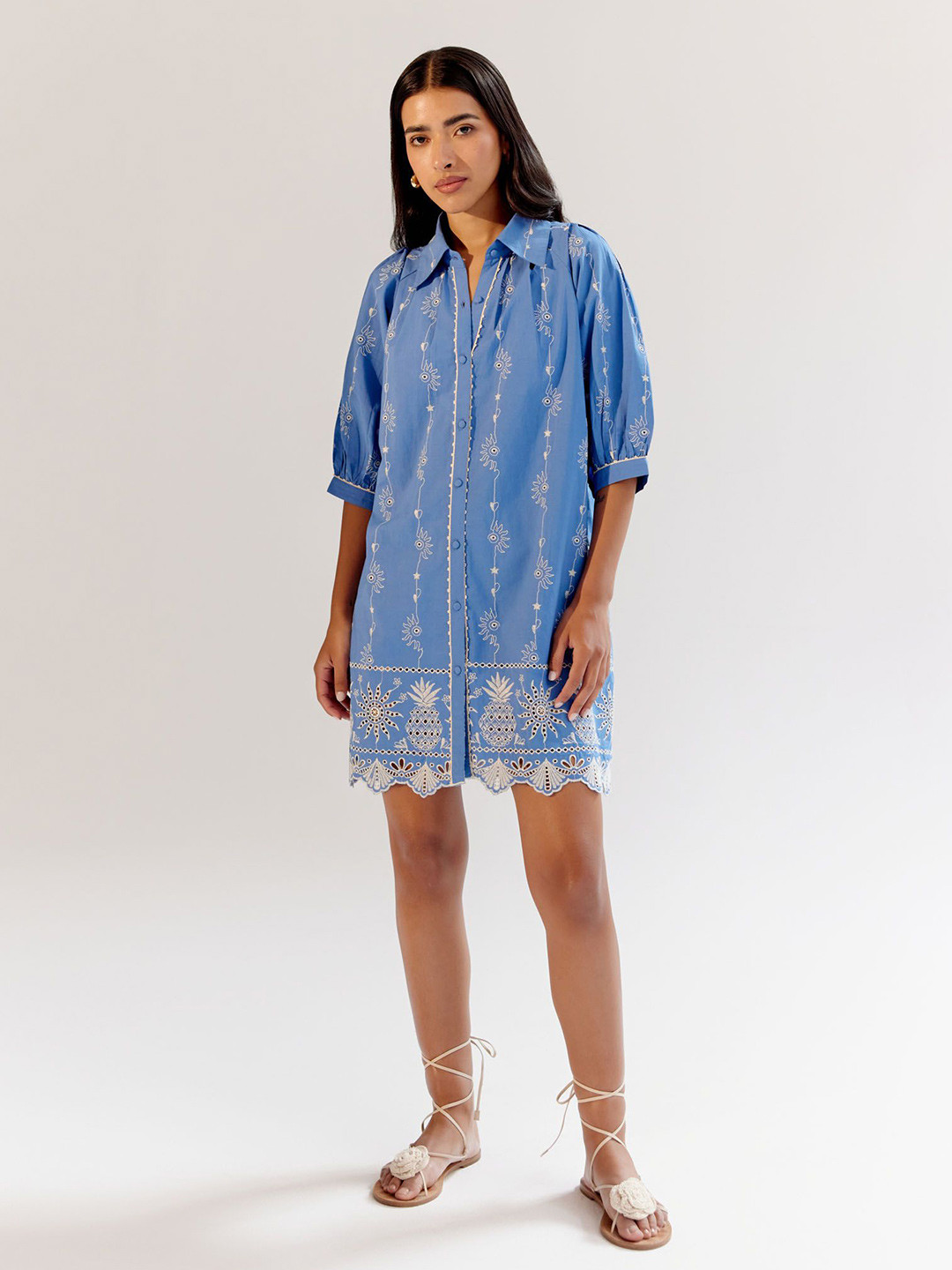 NOIB Women Self Design Embroidered Shirt Mini Dress