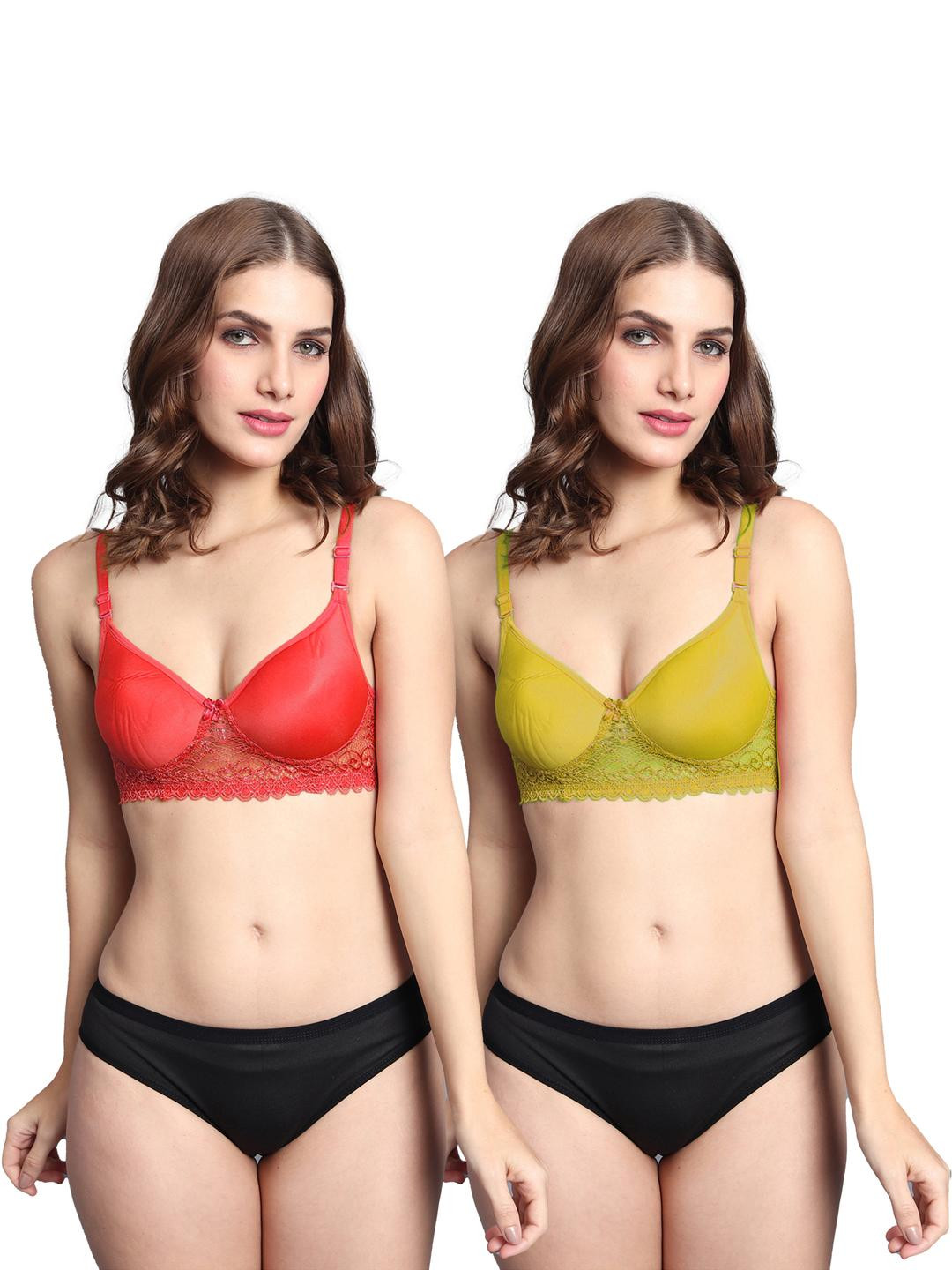 Women Red,Yellow Cotton Blend Bra Panty Set for Lingerie Set Undergarments Pack of 2