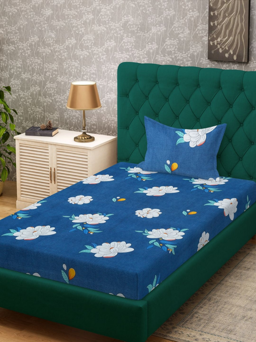 HOSTA HOMES Navy Blue & White Floral 300 TC Fitted Single Bedsheet Set-2.23 m x 1.27 m
