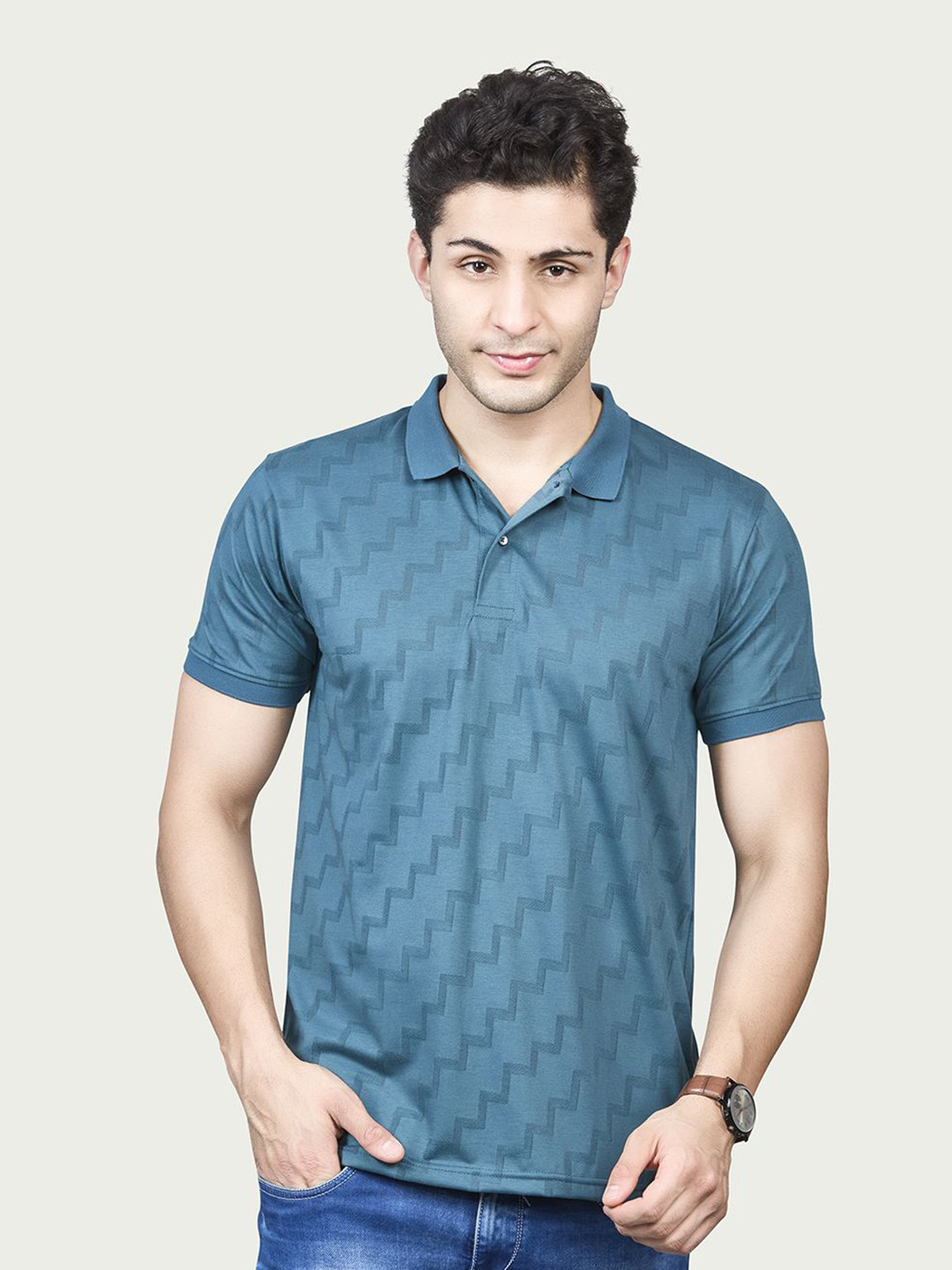 BE POSITIVE Men Printed Polo Collar  Burntout Jacquard T-shirt