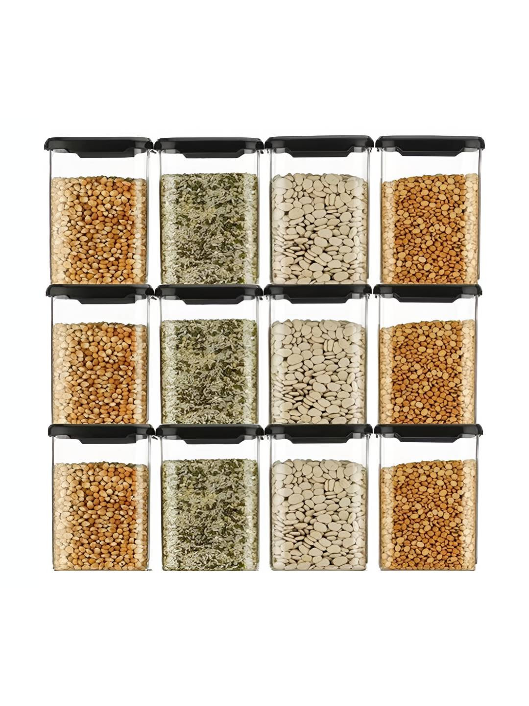 DEEJET Black& Transparent 12 Pieces Square Air Tight Jar Containers