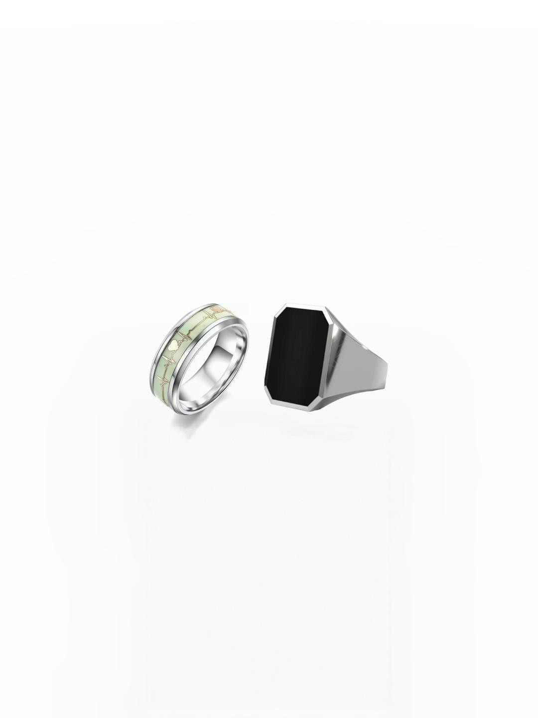 Dynamic Retail Global Set of 2 Rings for Men, Silver-Black Alloy Ring ()