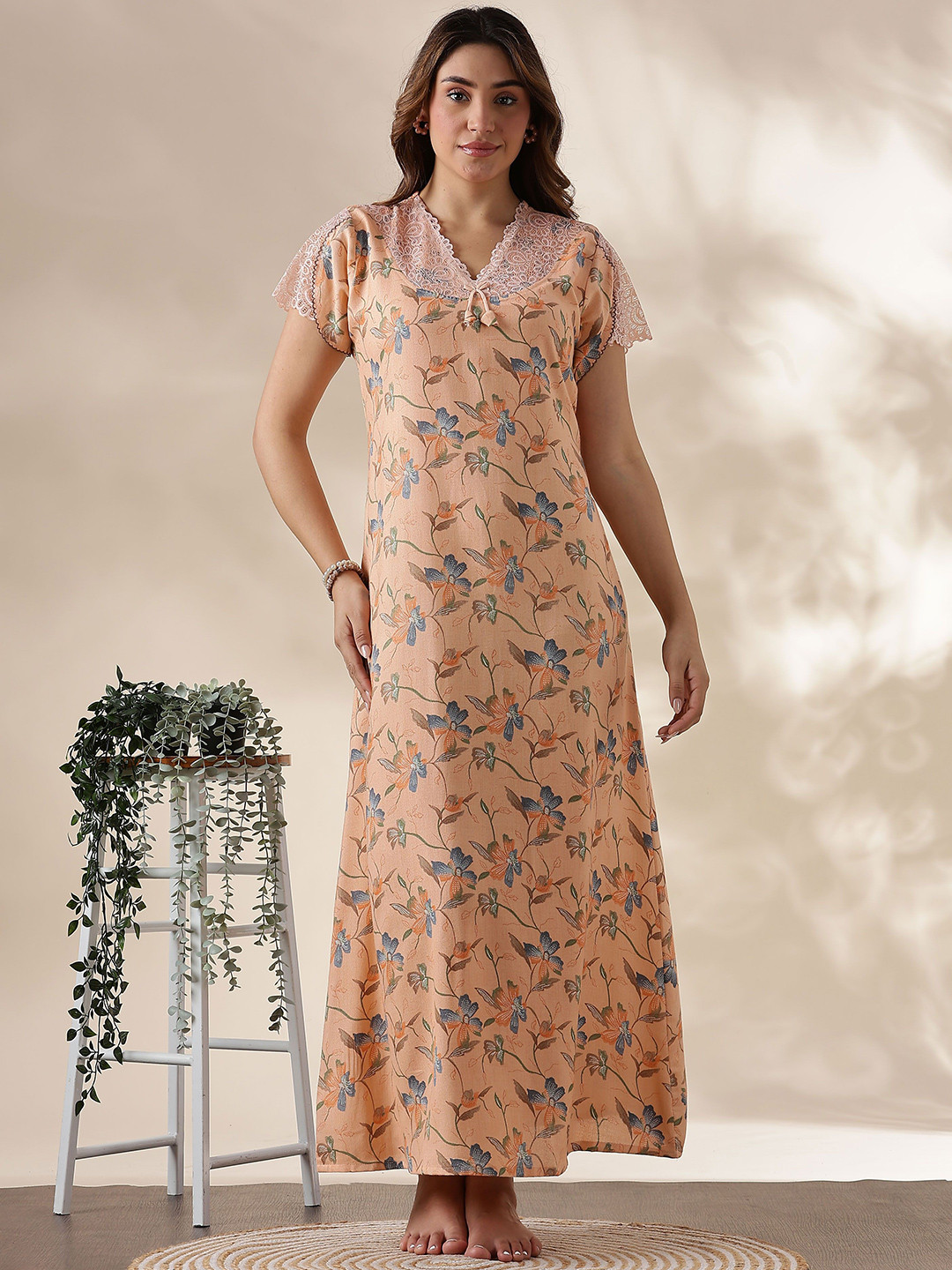 9shines Label Alpine Designer Women Floral Printed V-Neck Maxi Nightdress