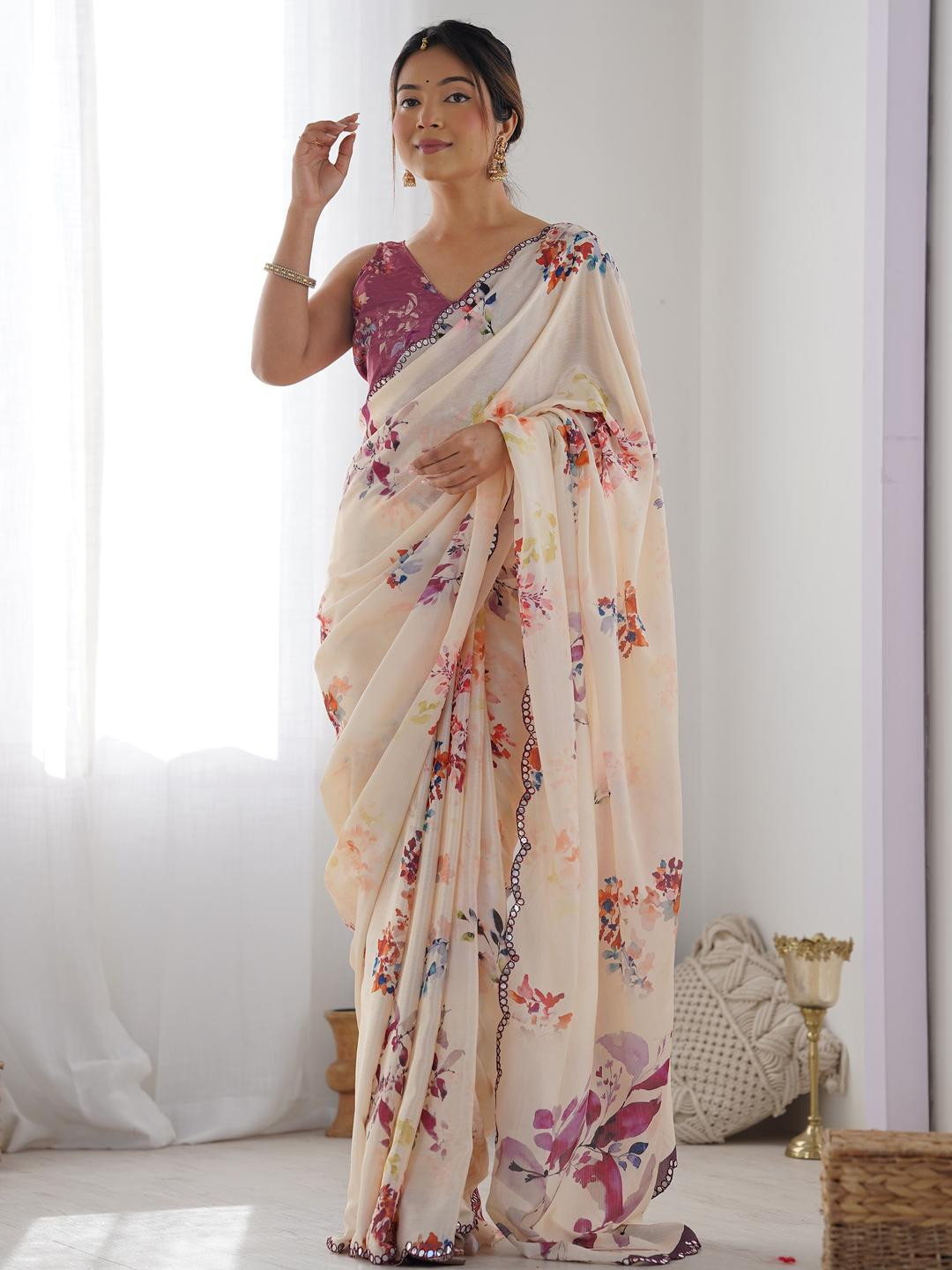 CaniBani Cream Silk Blend Sarees