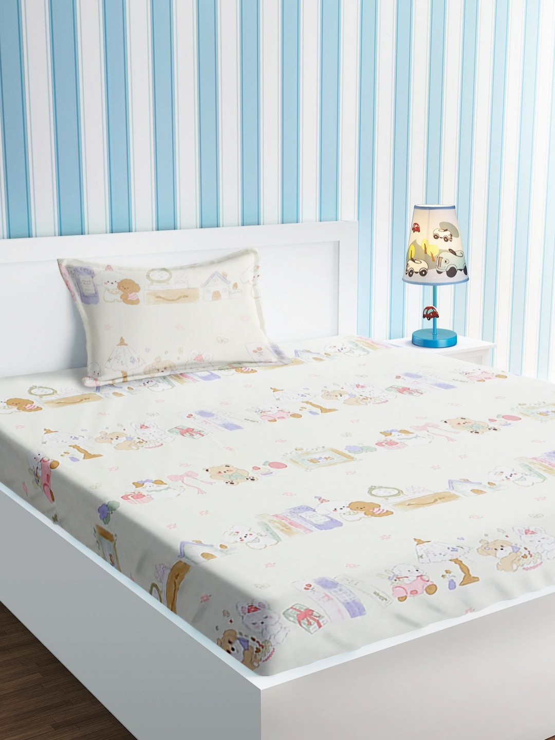 URBAN DREAM Kids White & Pink Graphic Cotton 210 TC Single Bedsheet Set-1.5 m x 2.3 m