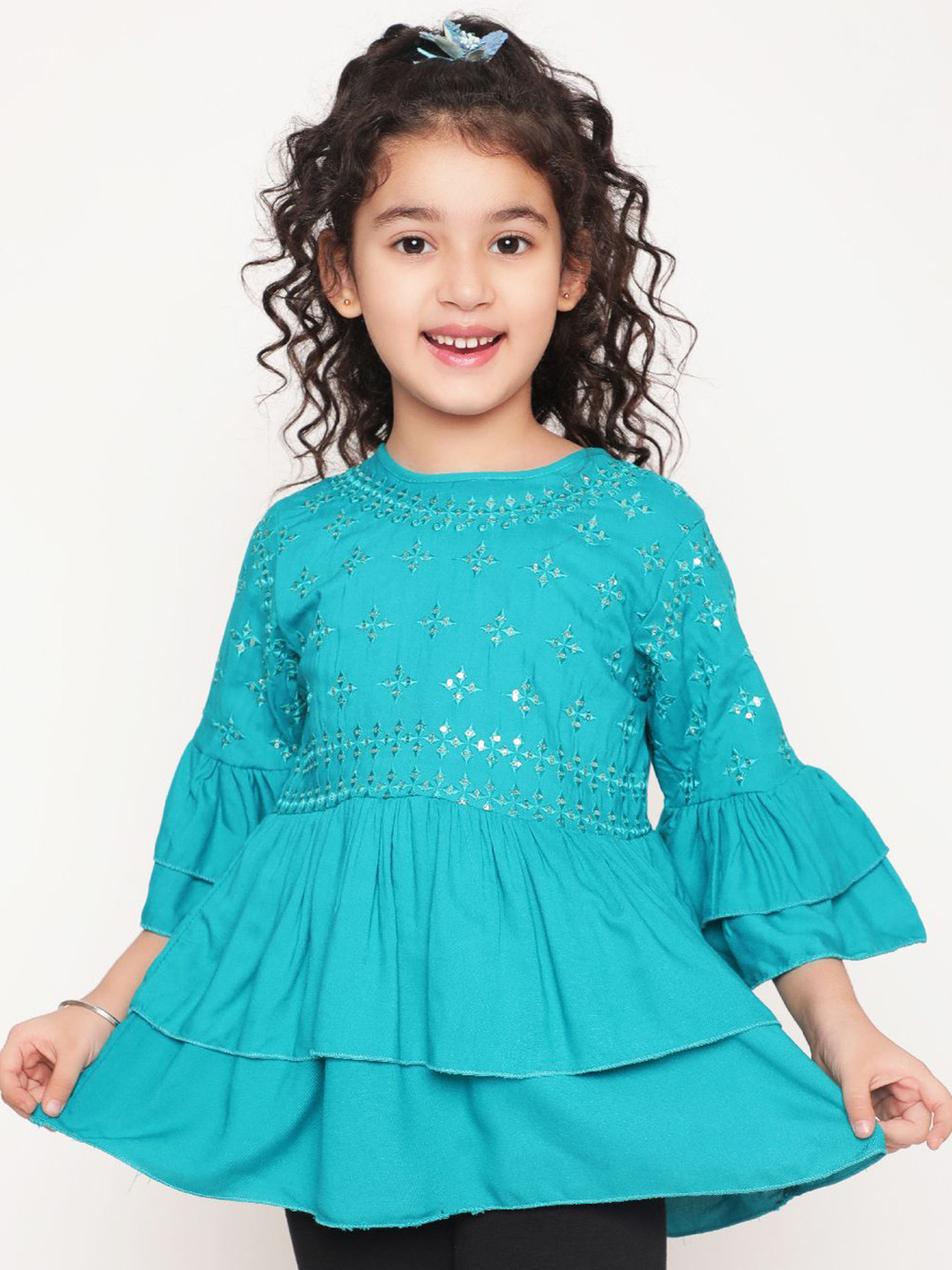 Miss & Chief Girl's Ethnic Motifs Embroidered Layered Bell Sleeves Longline Top