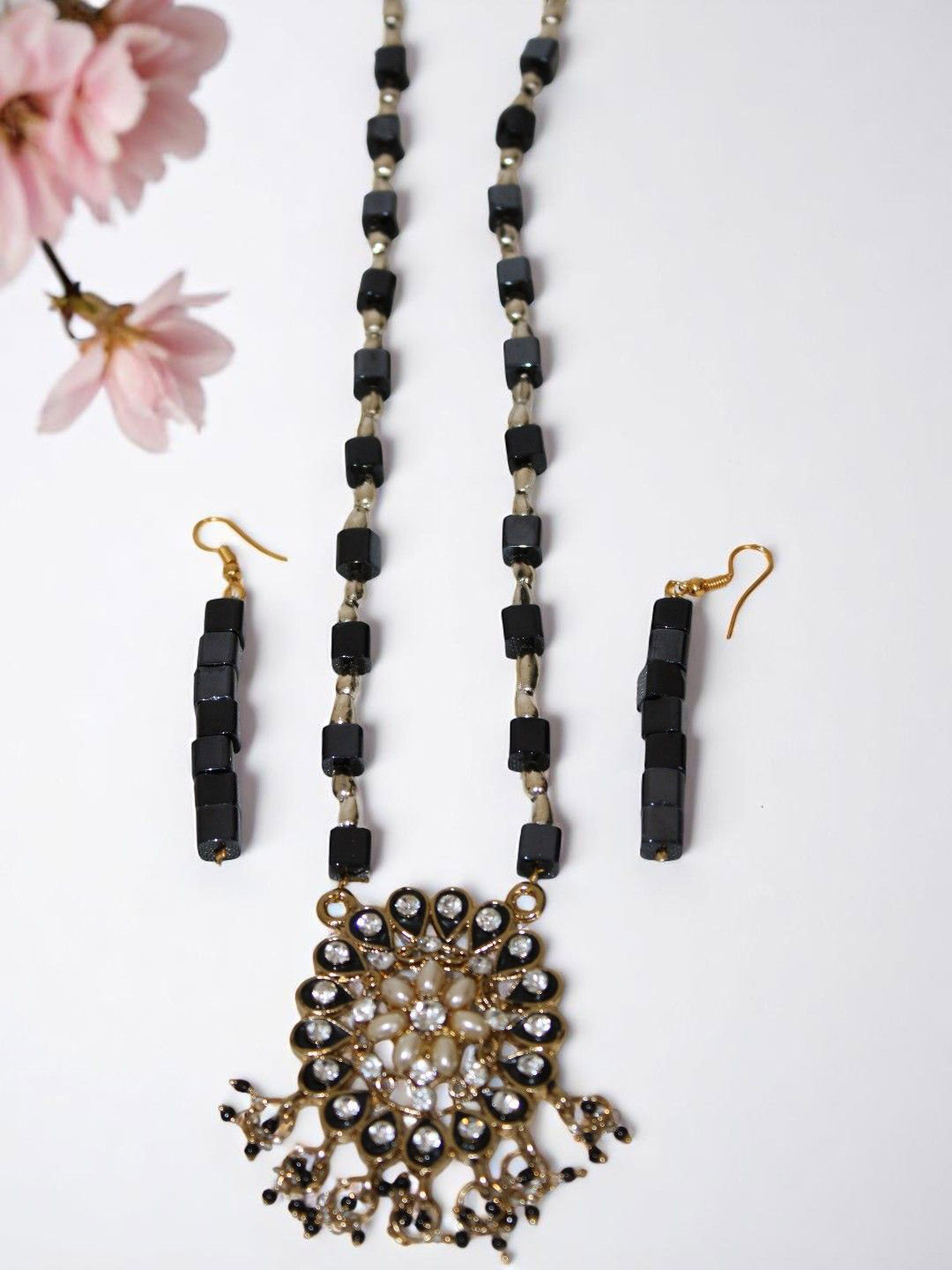 Jolly Faces Long Black Necklace & Earrings Set