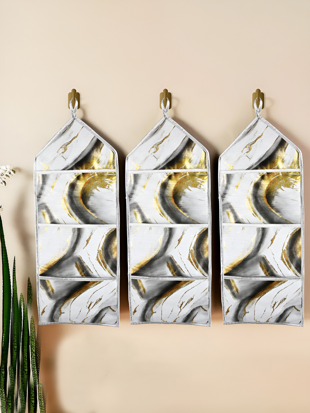 Aura Grey & White 3 Pieces Golden Marble 3 Multi-Purpose Pocket Wall Hanging Organizers