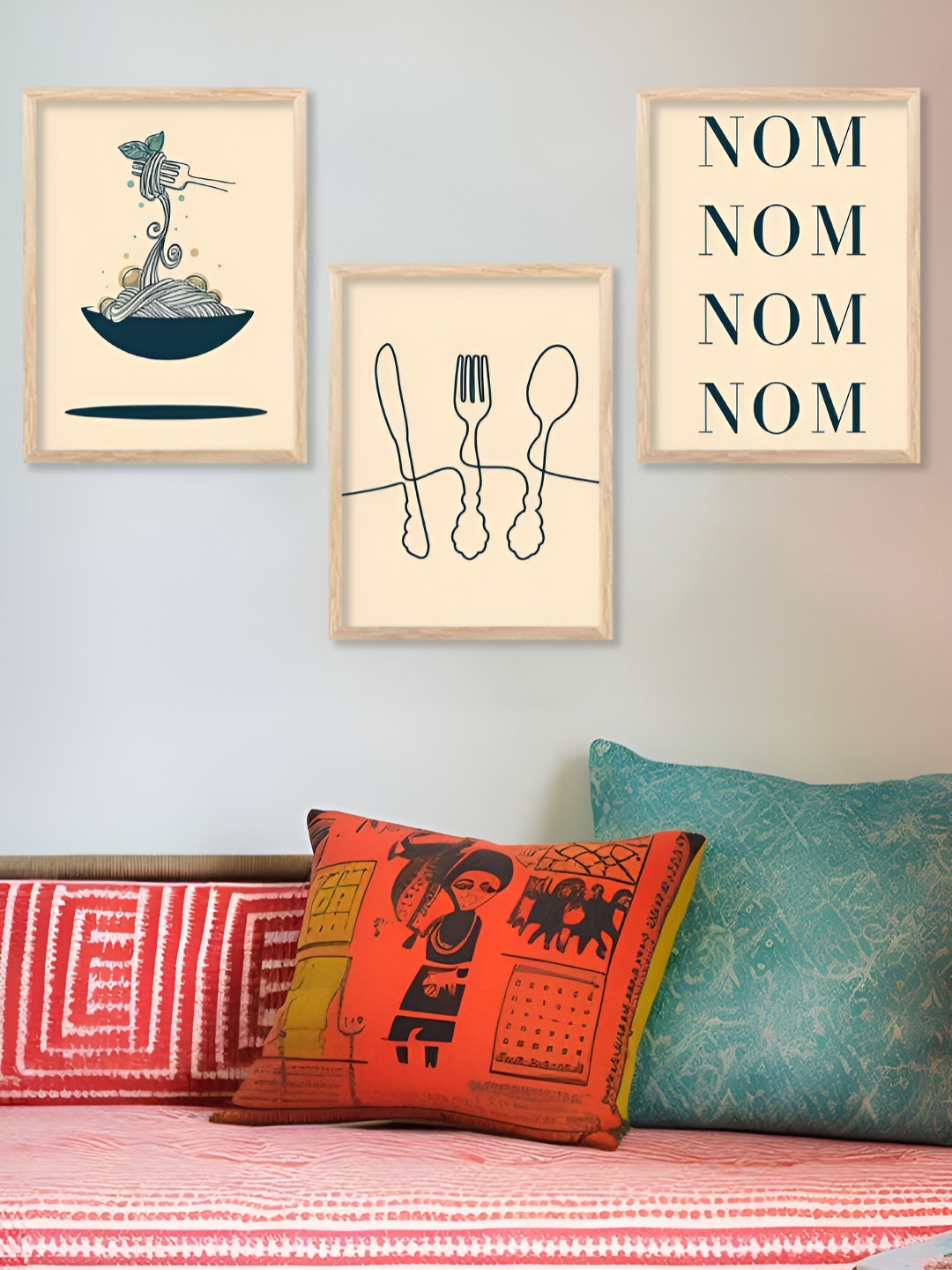 Kotart Beige & Blue 3 Pieces Restaurant Wooden Wall Arts