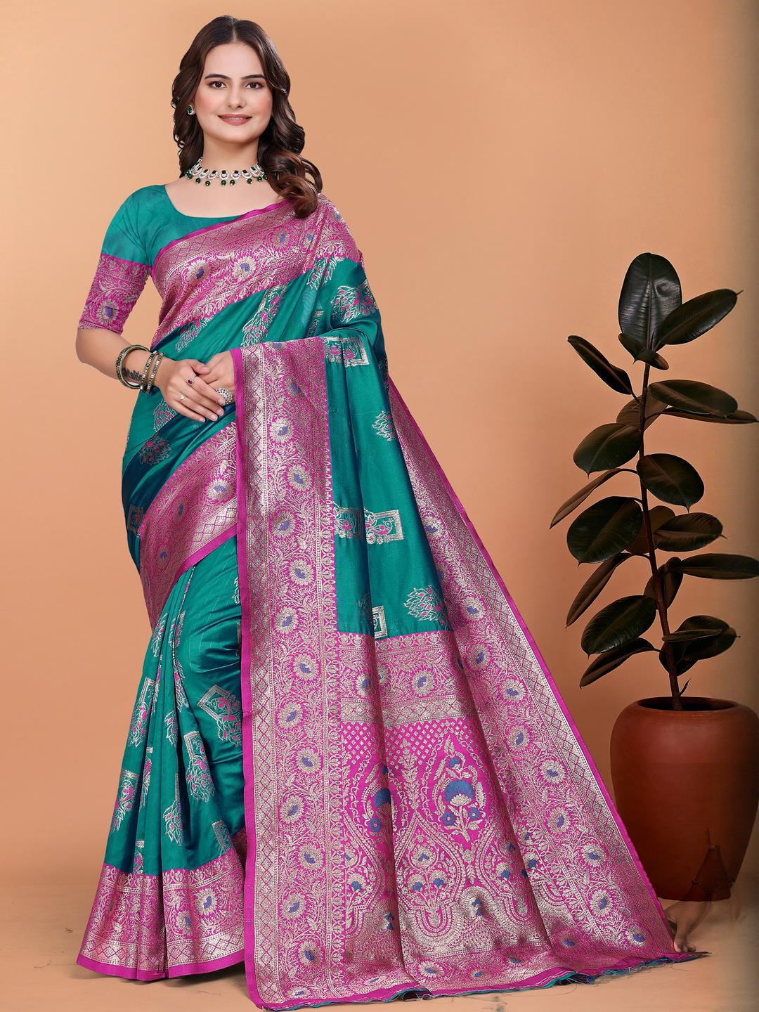 VS MALL Turquoise Blue Art Silk Sarees