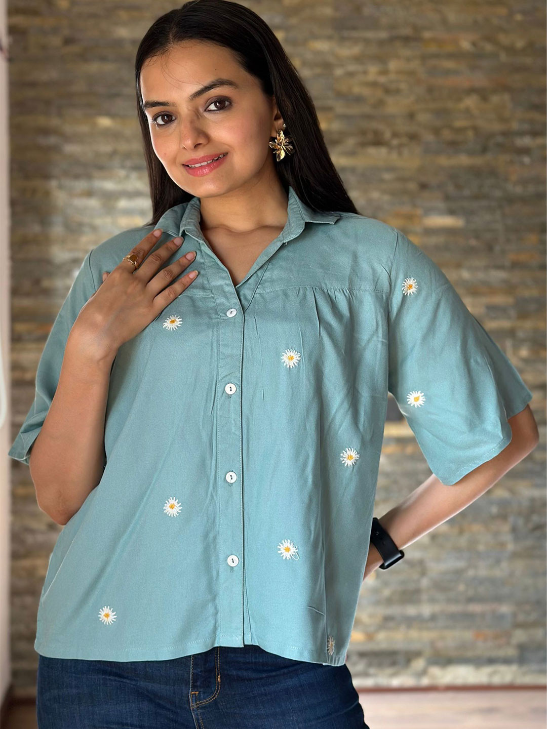 J Turritopsis Women Floral Embroidered Relaxed Fit Spread Collar Shirt