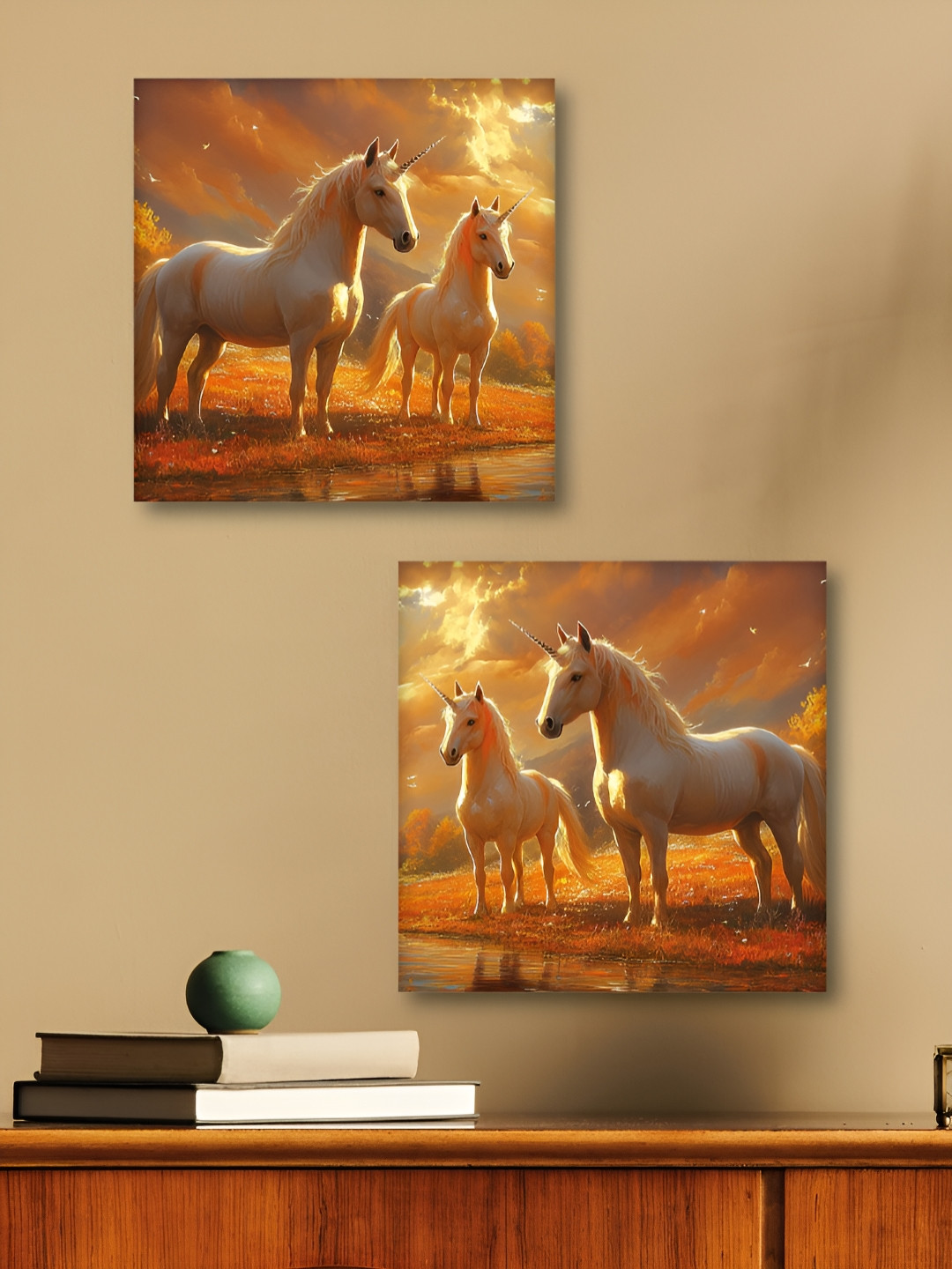 Aura Orange Colored & White 2 Pieces Horses Printed Canvas Wall Arts