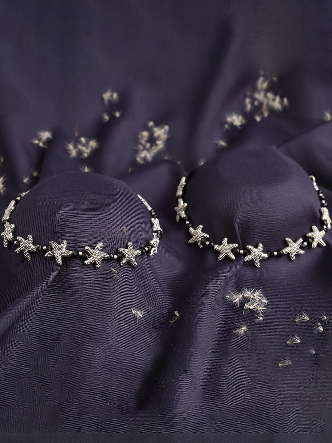 Silver-Plated & Black Beaded Handcrafted Starfish Anklet