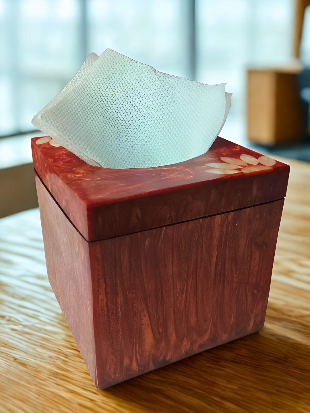 THE HOME CO. Brown & Off white Wooden Resin Floral Design Tissue Holder