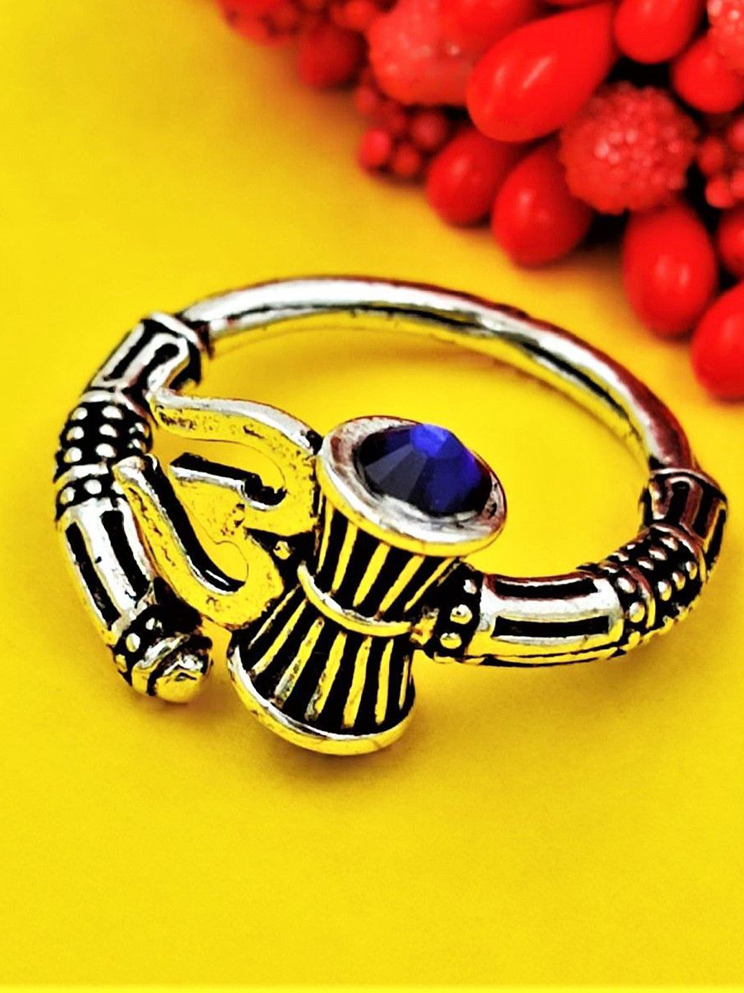 Yash Jewels Emporiums Silver-Plated Stones Studded Om Damroo Adjustable Finger Ring