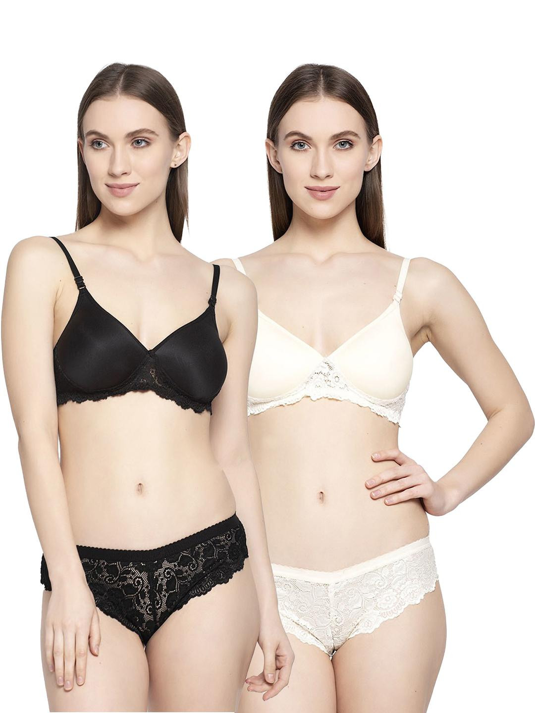 Women Black,Brown Cotton Blend Bra Panty Set for Lingerie Set Undergarments Pack of 2