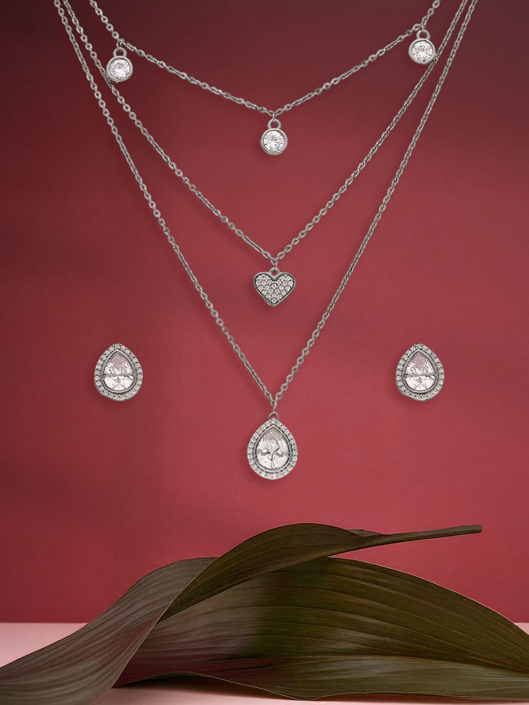 TVISVA JEWELS 925 Sterling Silver Rhodium-Plated Crystals Studded Layered Jewellery Set