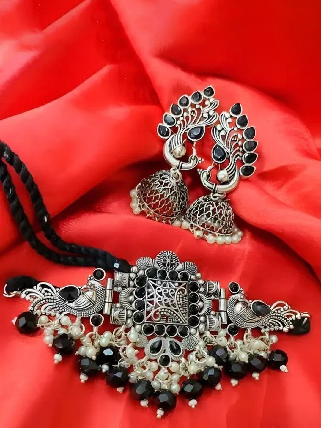 Samridhi DC Artificial Stones Studded & Beaded Oxidised Necklace & Earrings