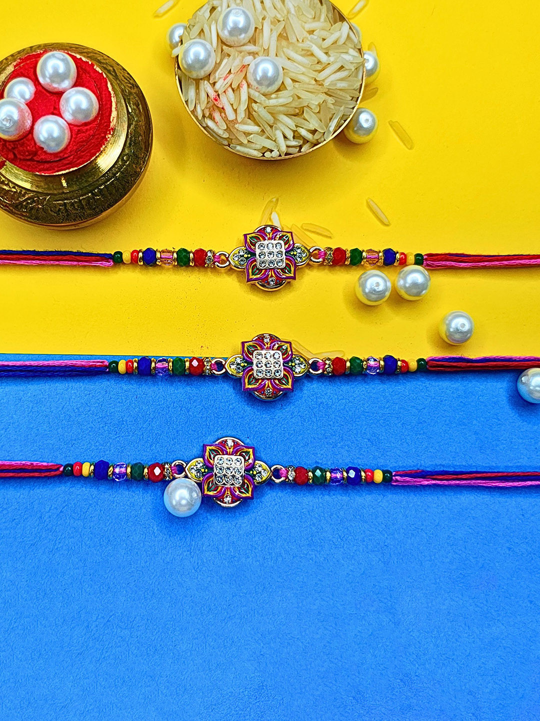 ORANGENYSHA Set Of 3 American Diamonds Studded & Beaded Meenakari Thread Rakhis