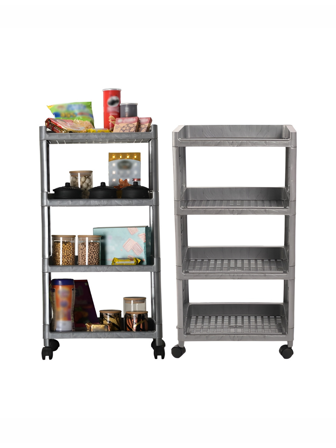 Aura Grey 2 Pieces Multipurpose 4-Layer Storage Trolley Rack with Wheels