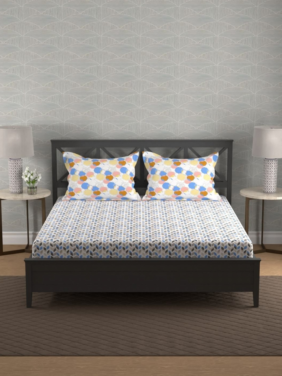 home expressions Meadow White Printed Cotton 120TC Fitted Queen Bedsheet Set 2.24m X 2.54m