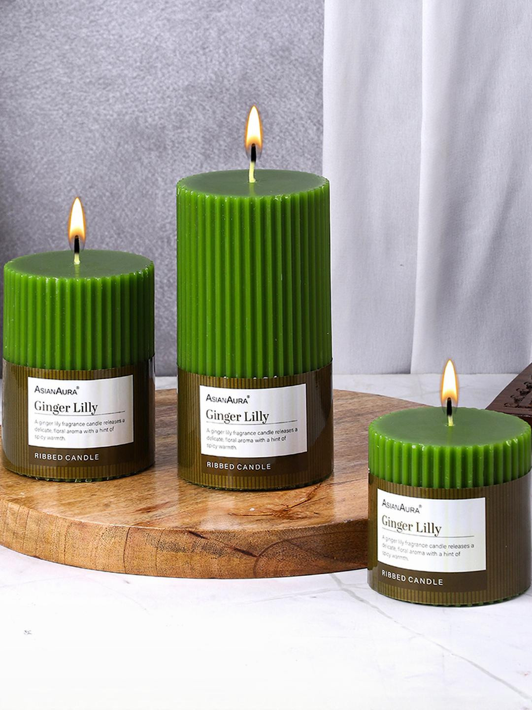 Asian Aura Ribbed Home dcor 3Pcs Ginger Lilly Solid Geometric Regular Pillar Candles