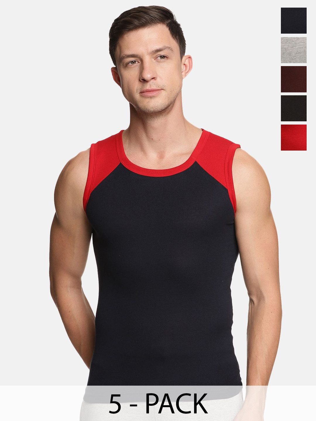 Genx Men Pack Of 5 Assorted Colourblocked Super Combed Cotton Gym Vest