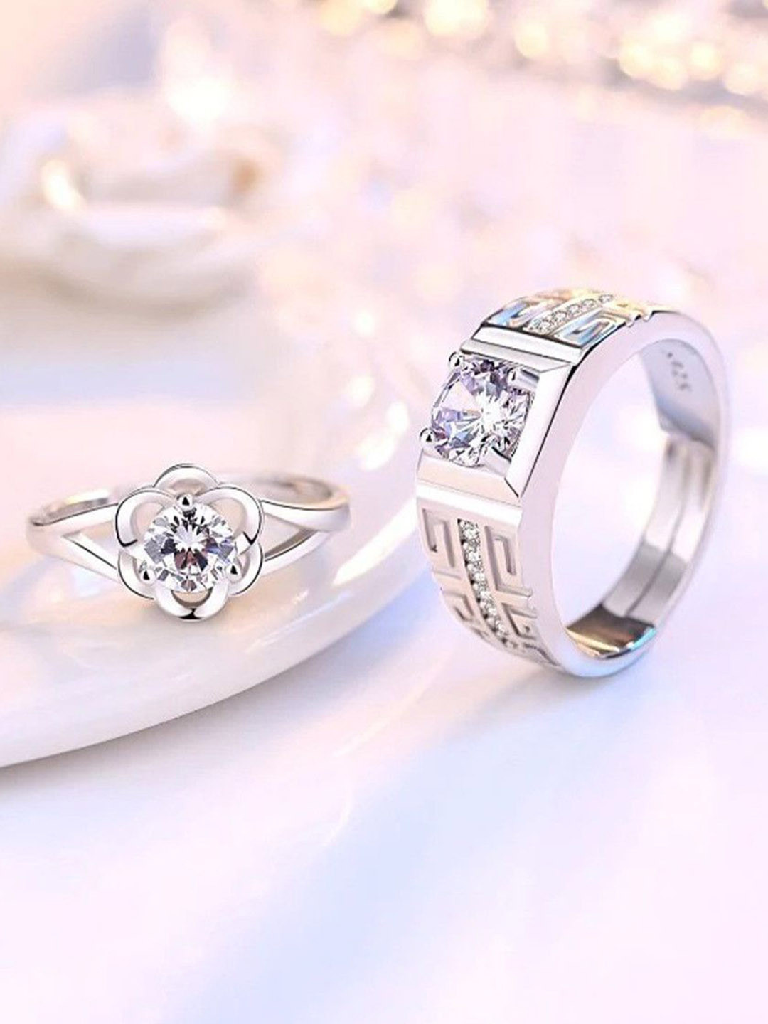kazare Set Of 2 Rhodium Plated Stones Studded Adjustable Couple Finger Rings