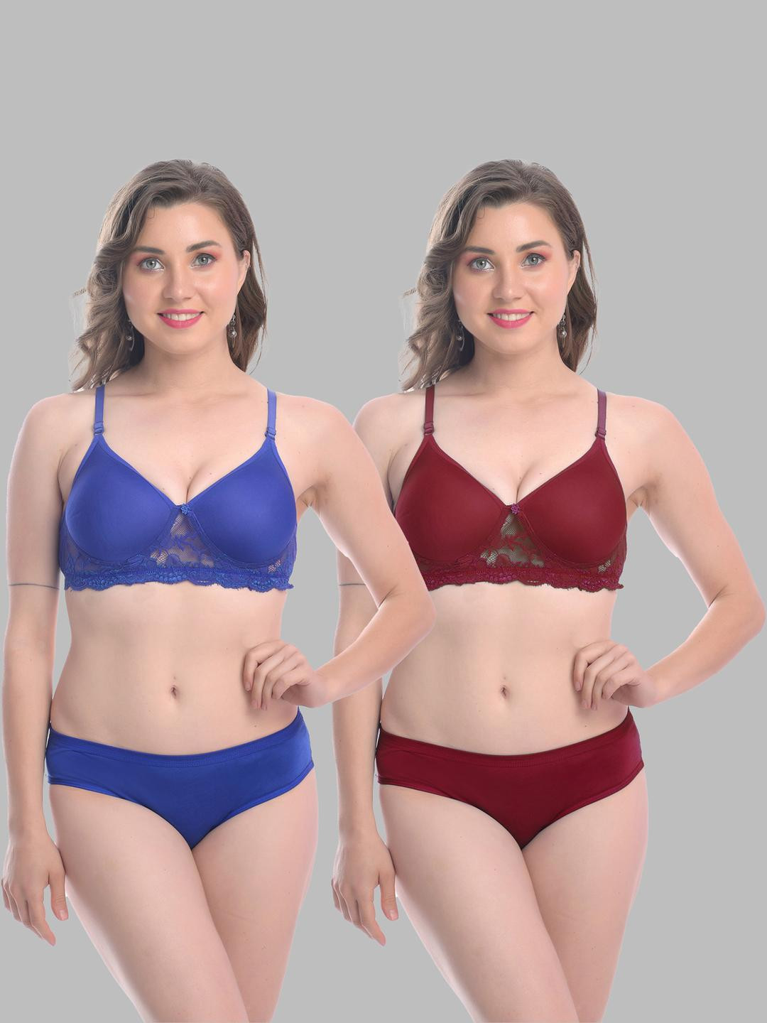 Women Blue,Maroon Cotton Blend Bra Panty Set for Lingerie Set Undergarments Pack of 2