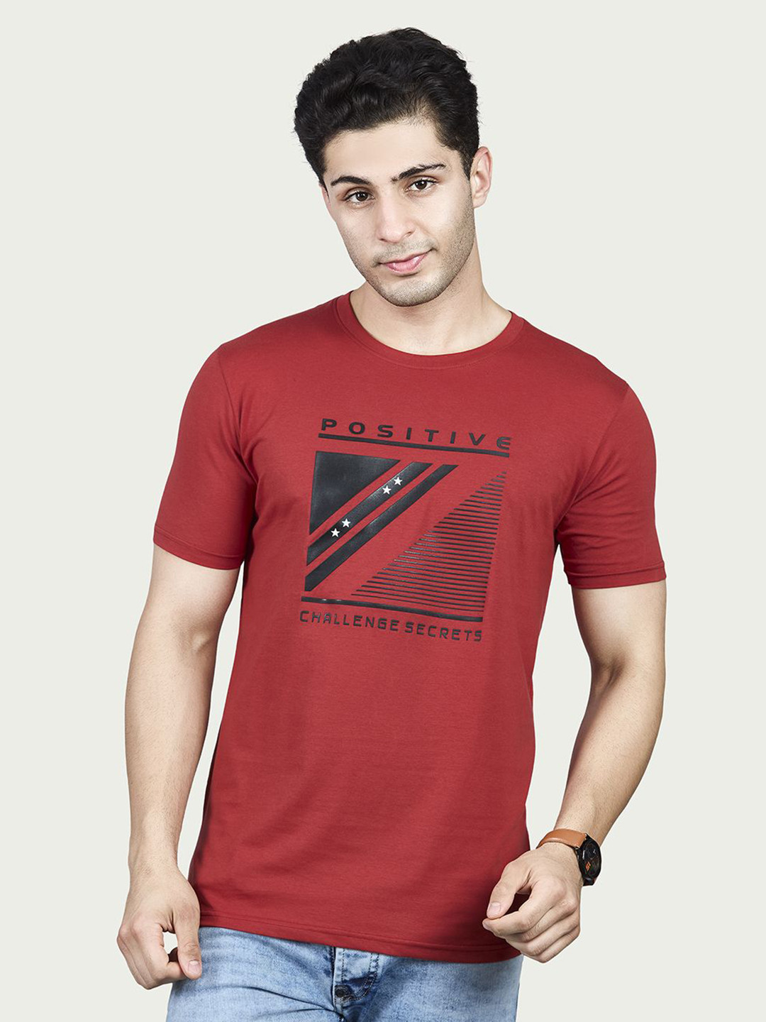 BE POSITIVE Men Typography Printed Applique Regular Fit Round Neck T-shirt