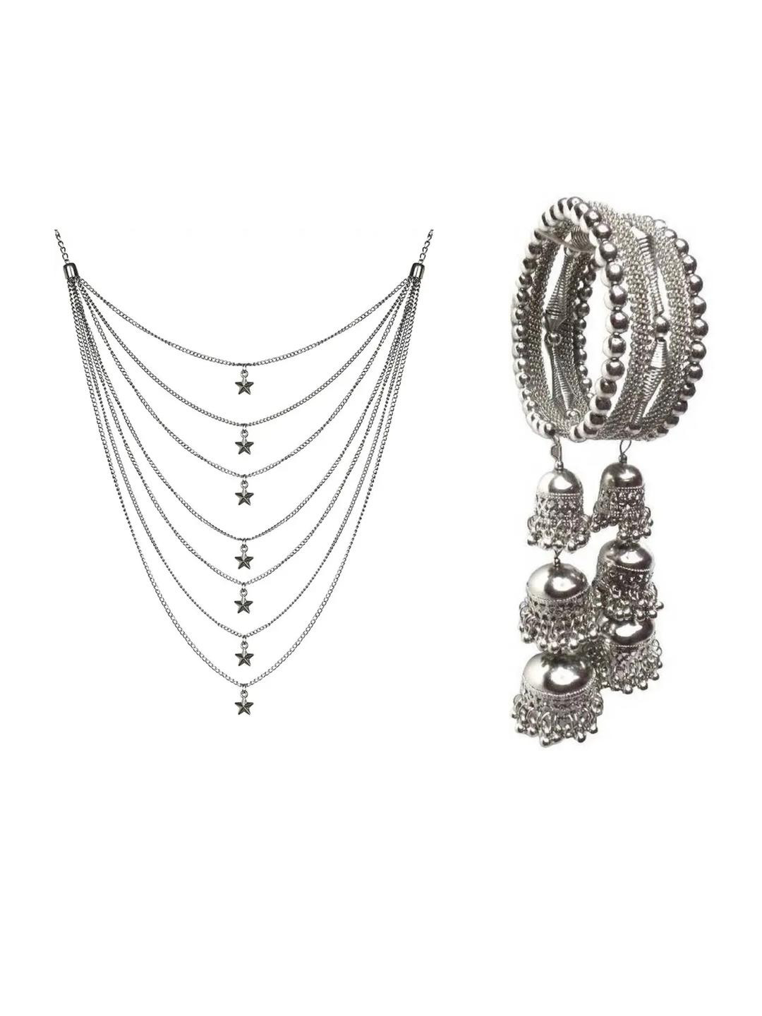 Silver Oxidized Necklace with JhumkiBracelet