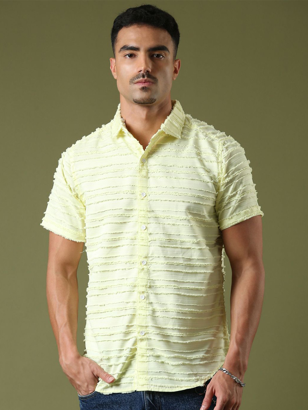 Voroxy Men Textured Relaxed Slim Fit Crochet Wrinkle Free Casual Shirt