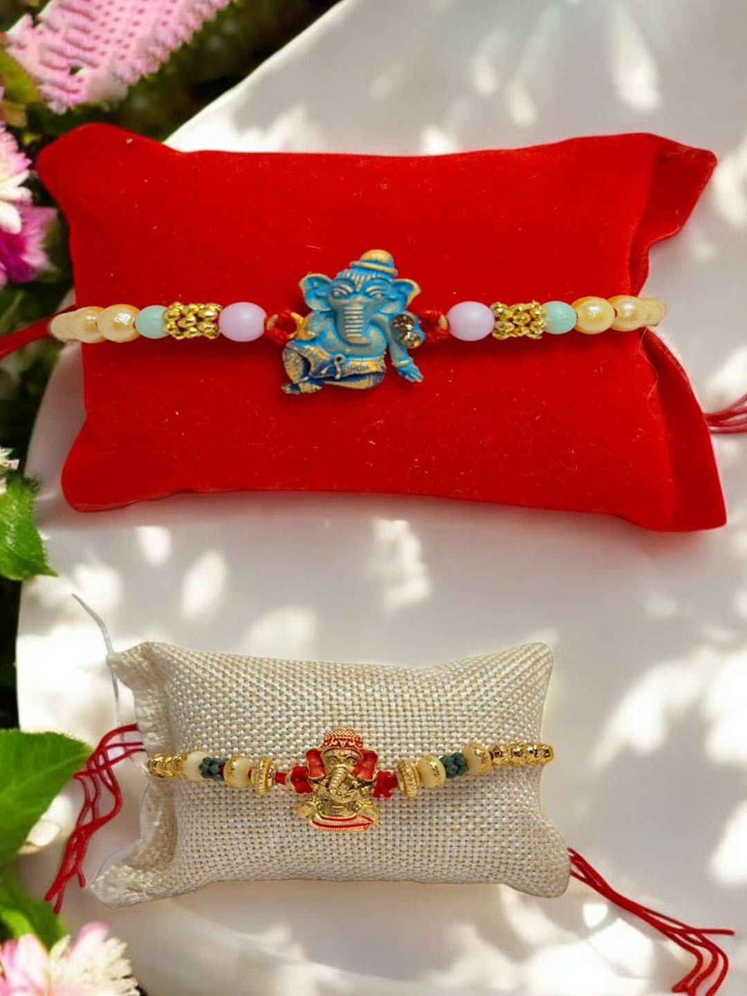 Vrinde Set Of 2 Ganes Ji Multistrand Rakhi With Greeting card & Roli