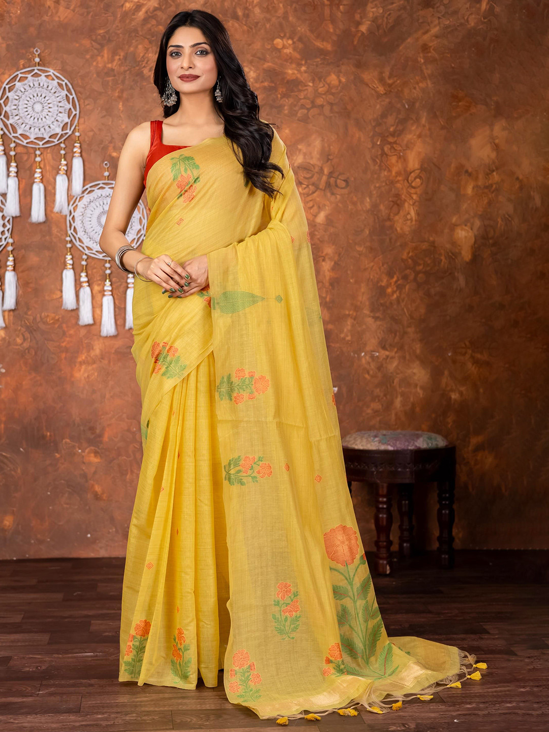 ISHIKA FAB Ethnic Motifs Woven Design Jamdani Saree With Blouse Piece