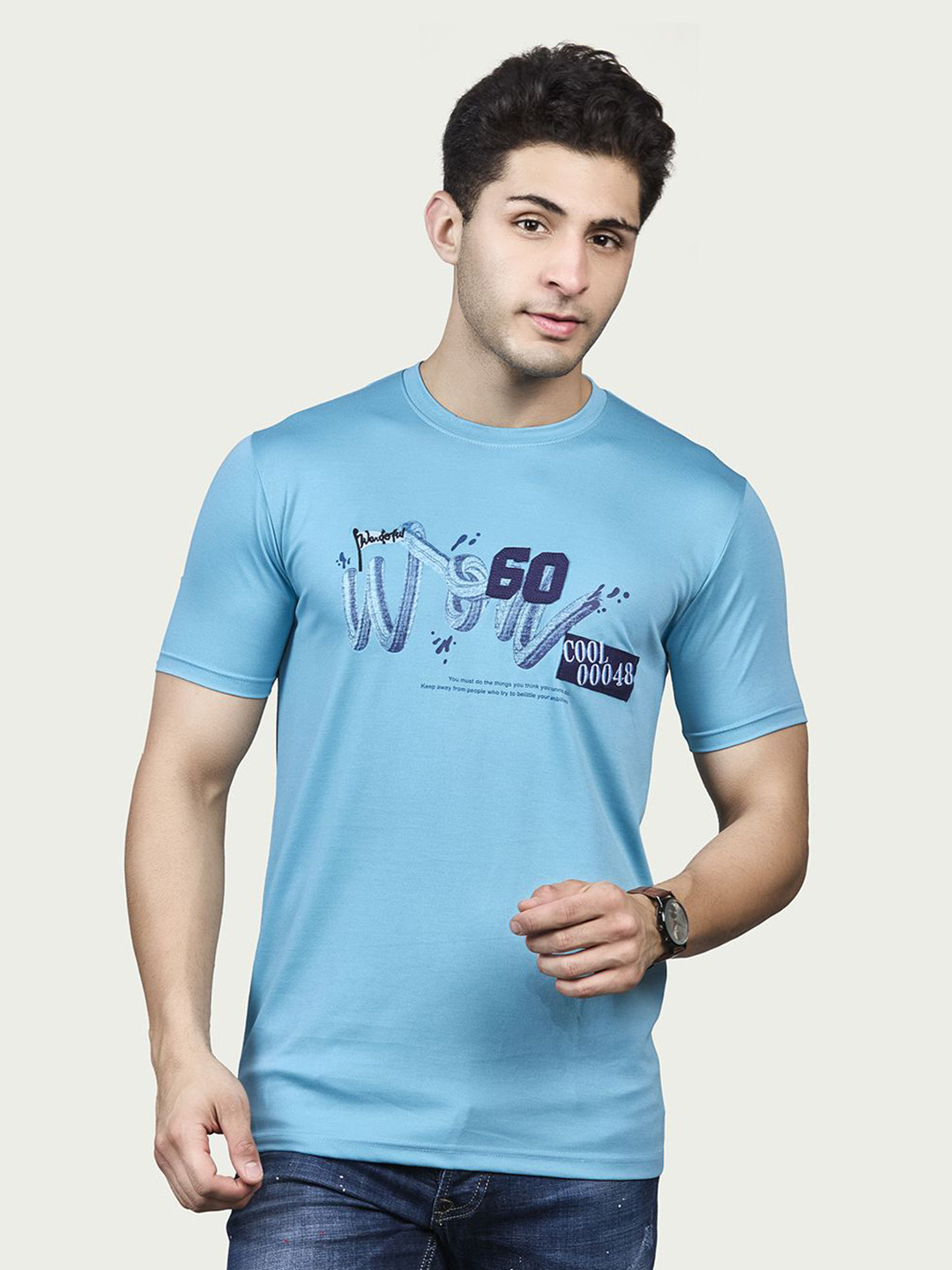 BE POSITIVE Men Typography Printed Applique T-shirt