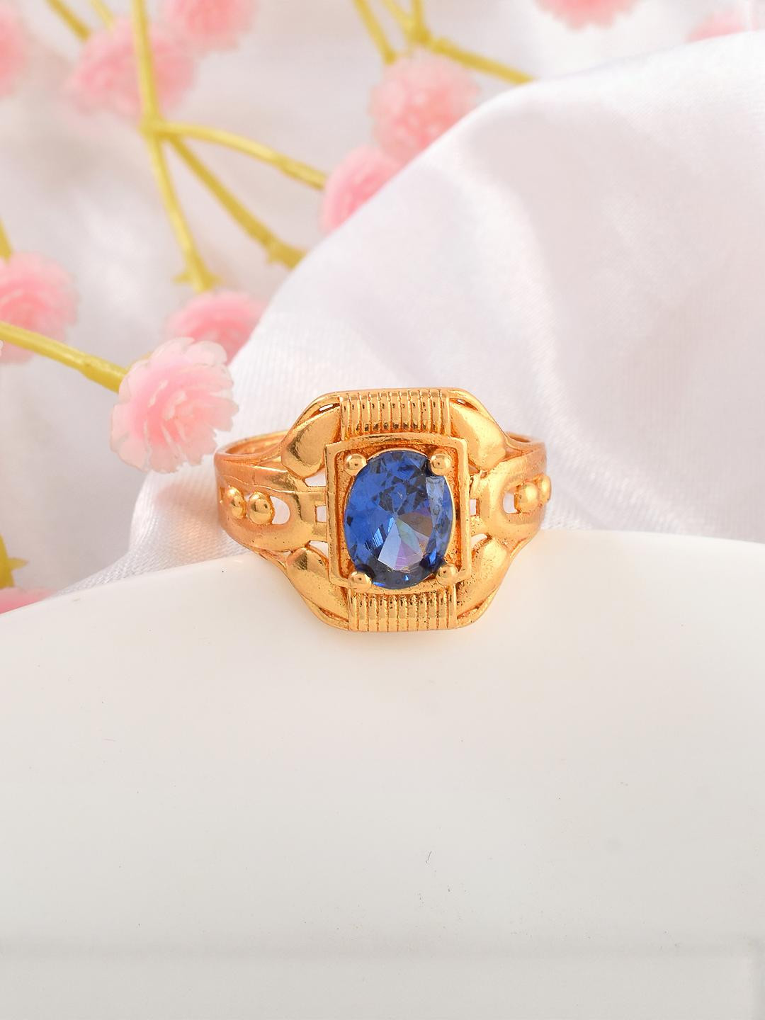 Brass Goldplated Created Blue Sapphire Neelam finger ring Women