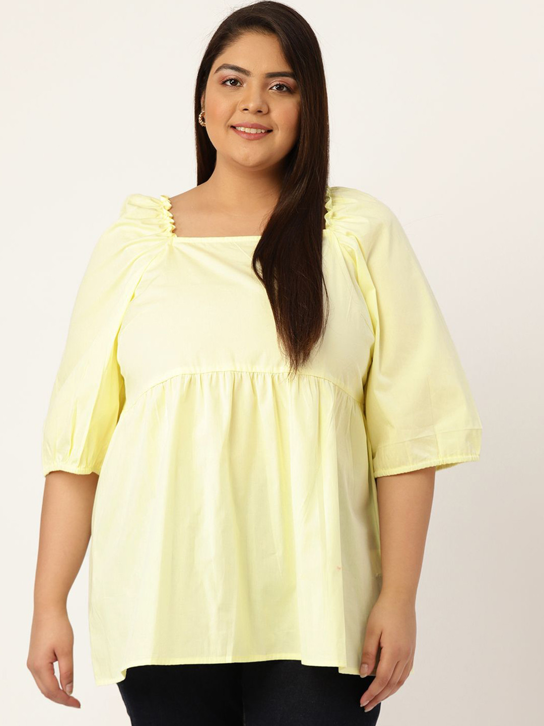 theRebelinme Women Plus Size  Square Neck Puff Sleeve Cotton Top