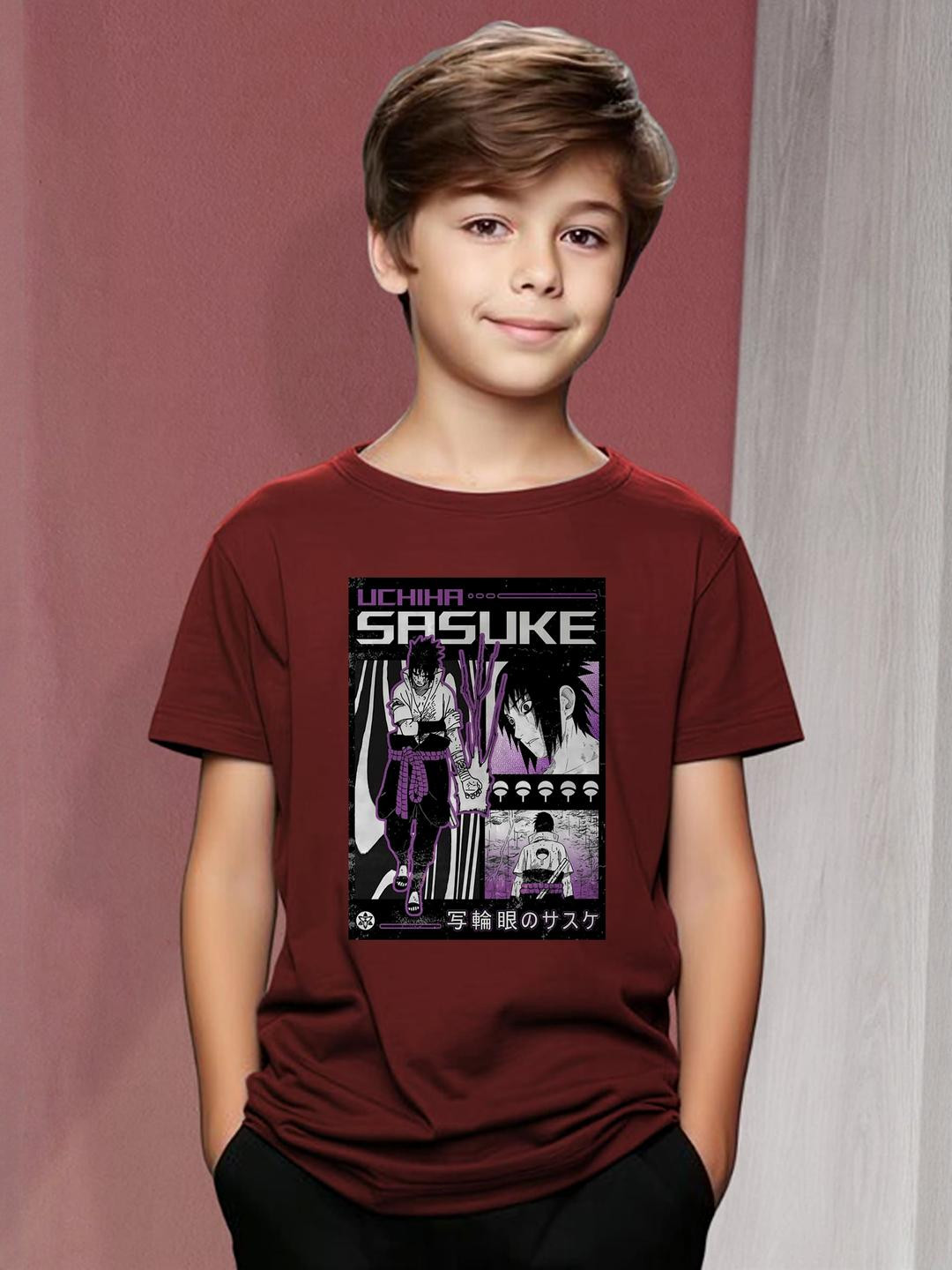 Maroon Sasuke Anime Graphic Print T-Shirt