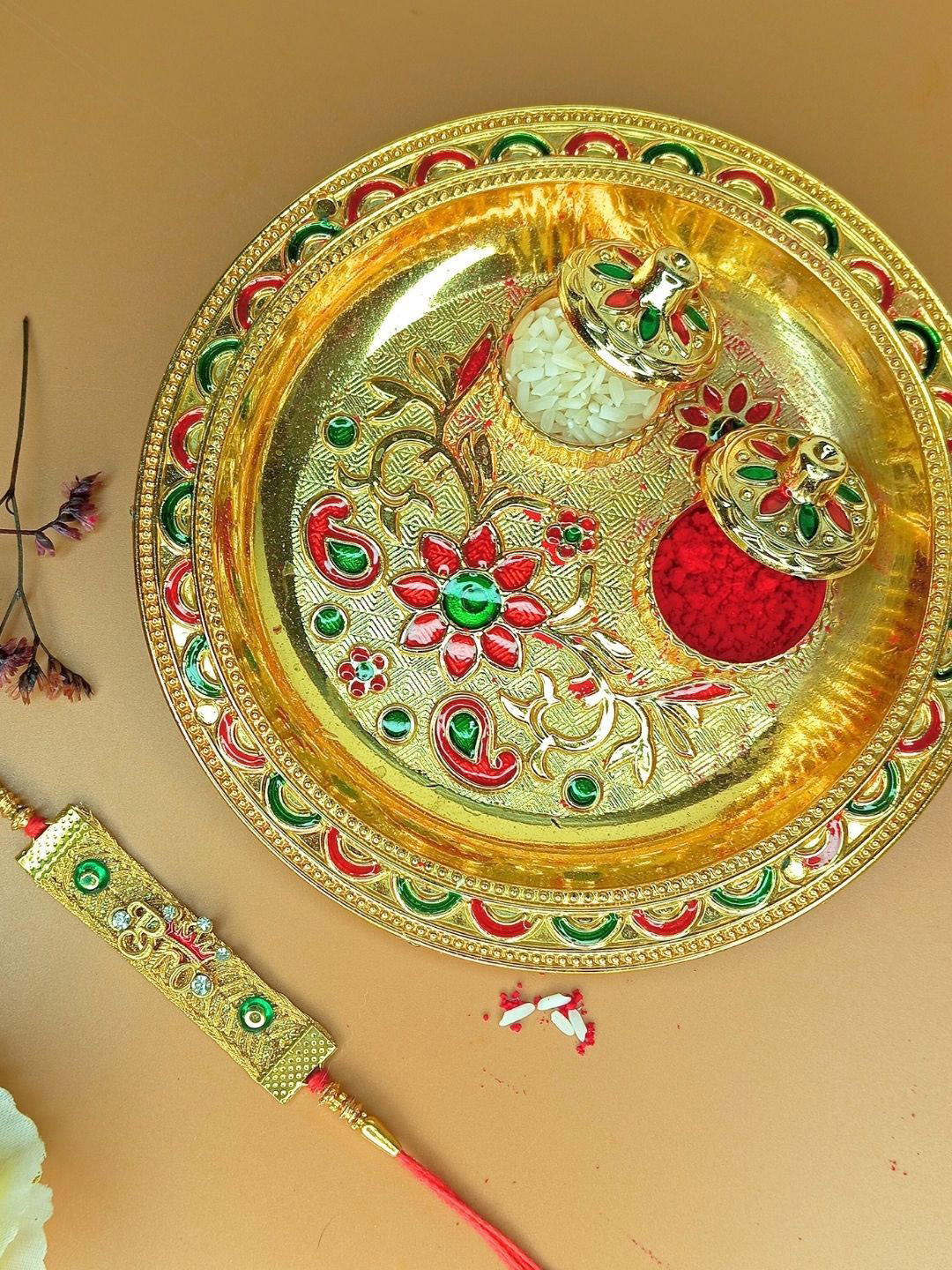 Anouk Stones Studded Rakhi With Card & Pooja Thali