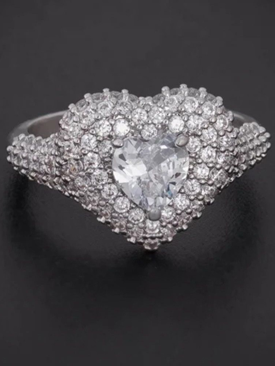 V FASHION JEWELLERY Stainless Steel Sliver-Plated Cubic Zirconia-Studded Heart Finger Ring