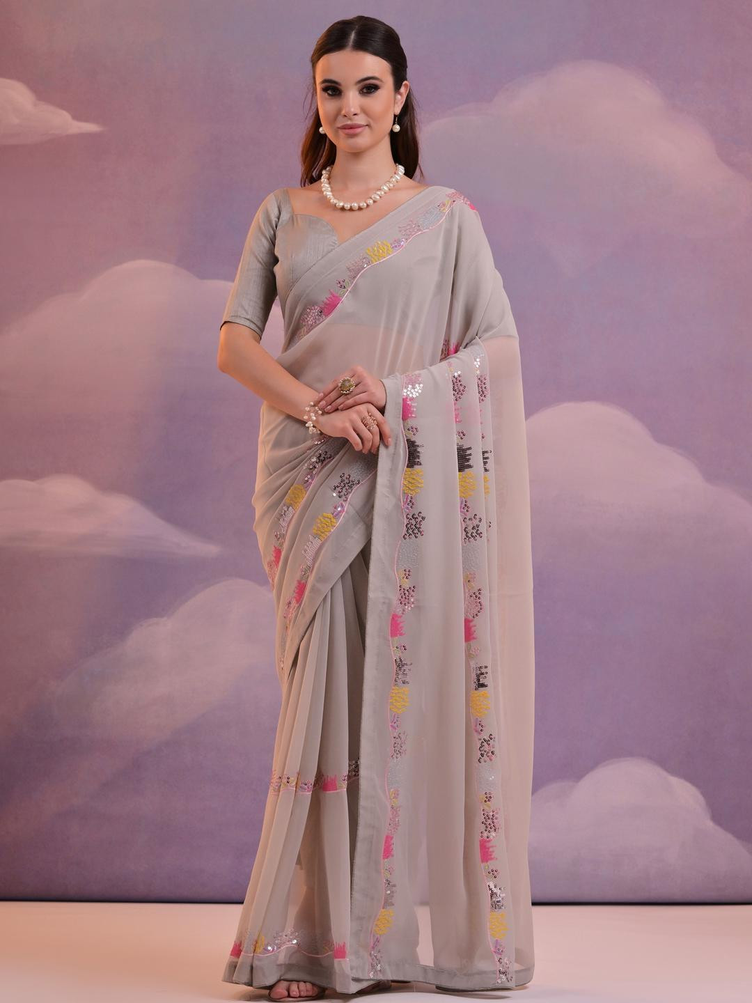 CaniBani Cream Pure Georgette Sarees
