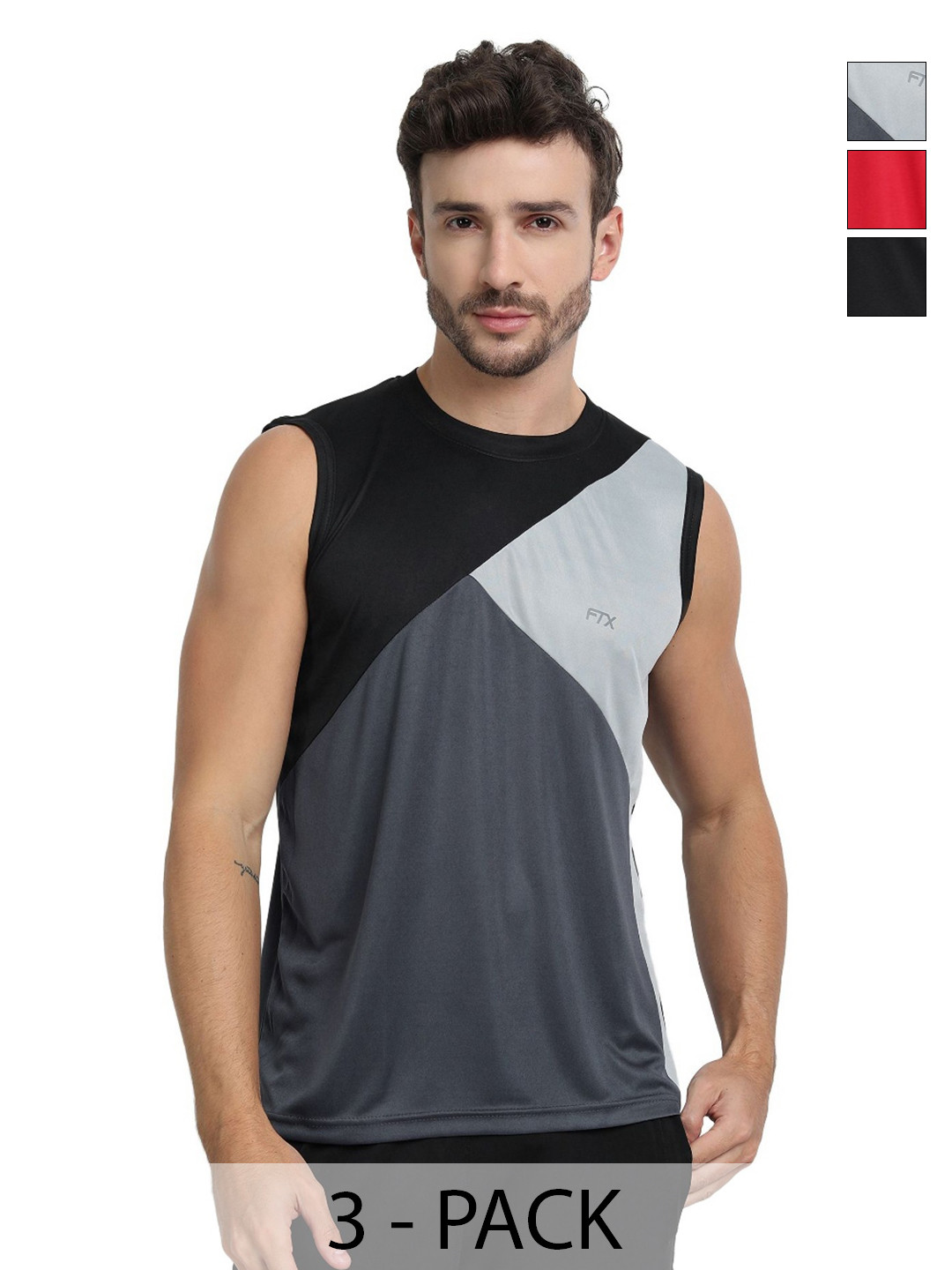 FTX Men Pack of 3 Dri-FIT Colourblocked Round Neck T-shirts