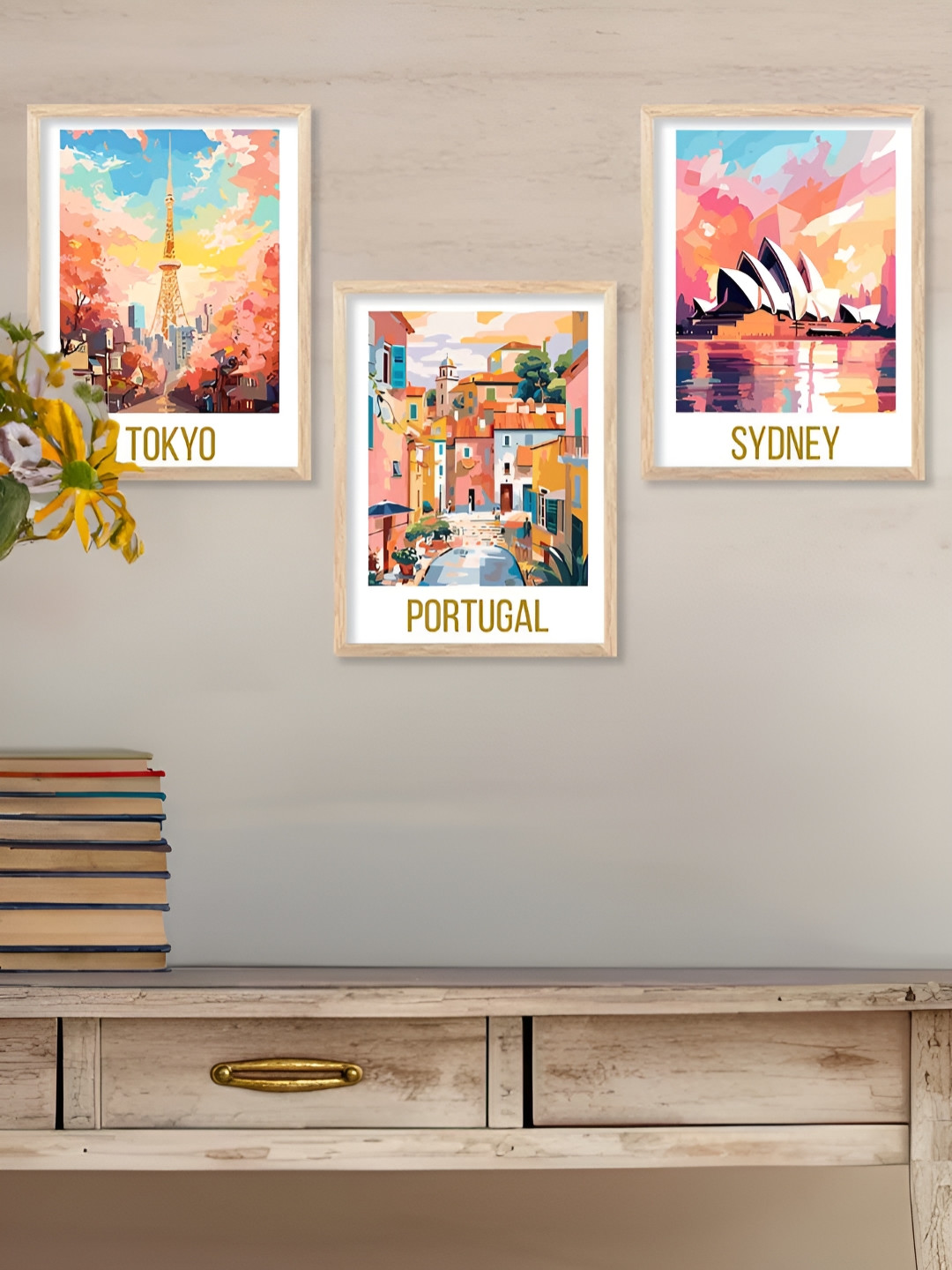 Kotart Brown & Blue 3 Pieces Wooden Travel Wall Arts