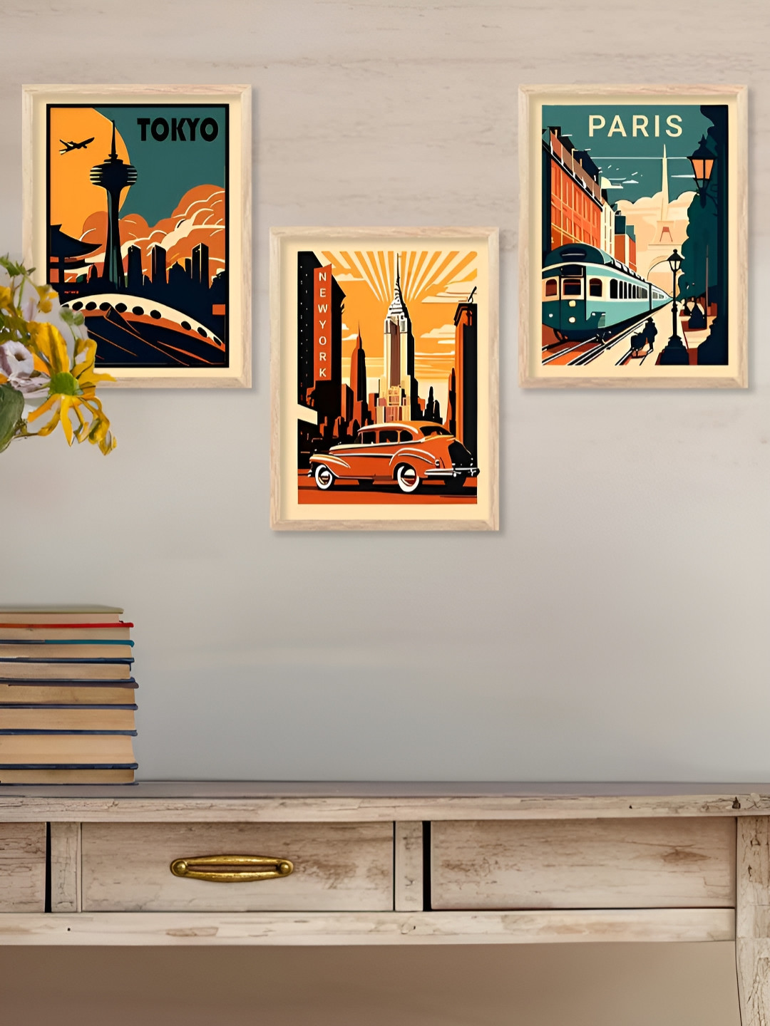 Kotart Brown & Green 3 Pieces Wooden Travel Wall Arts