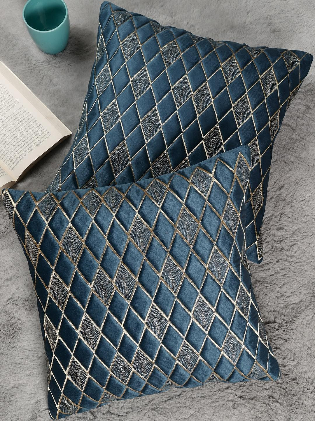 Blue Color Diamond Shaped Embroidered Design, Set of 2 Pieces Velvet Cushion Cover