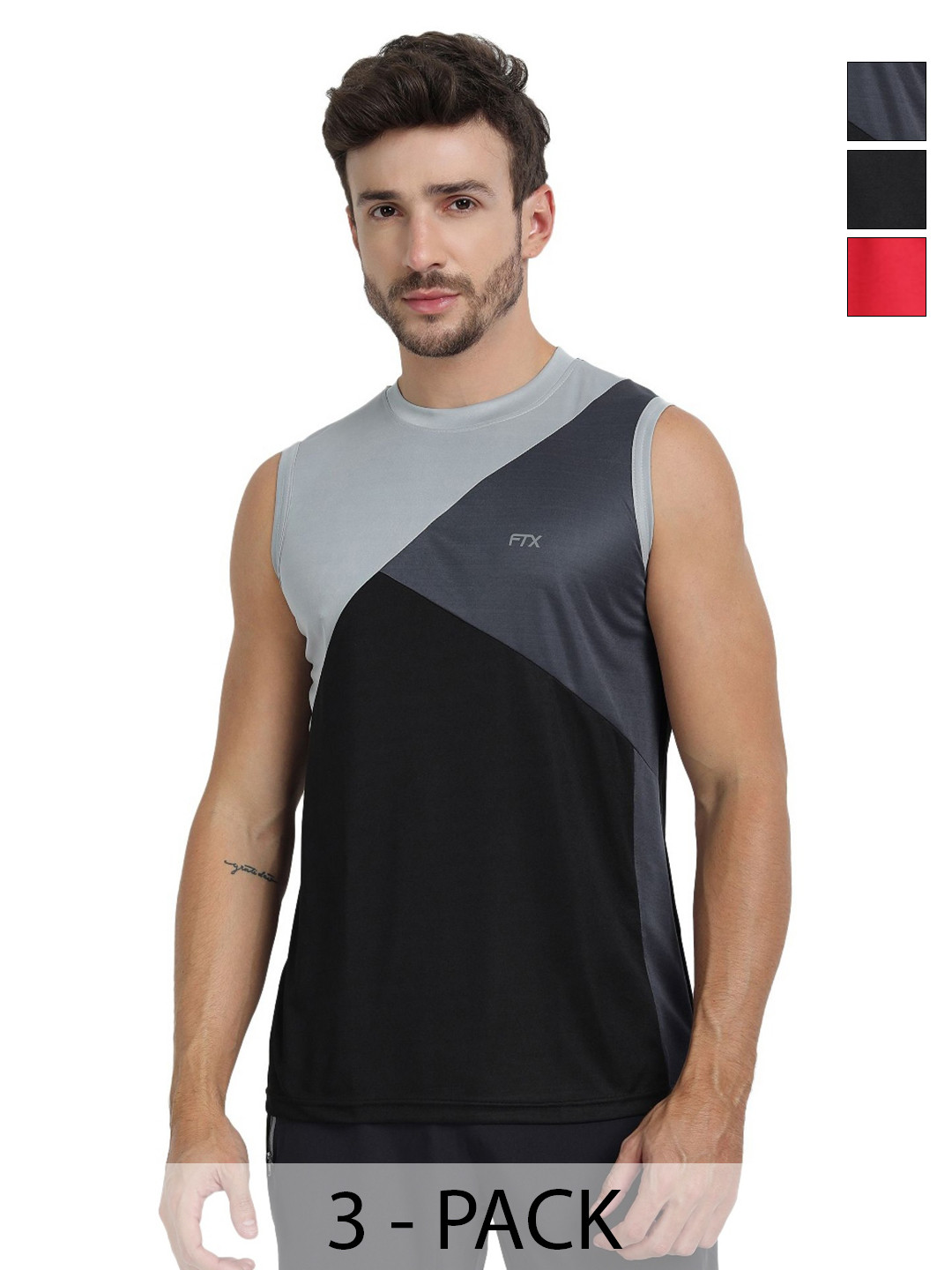 FTX Men Pack of 3 Dri-FIT Colourblocked Round Neck T-shirts