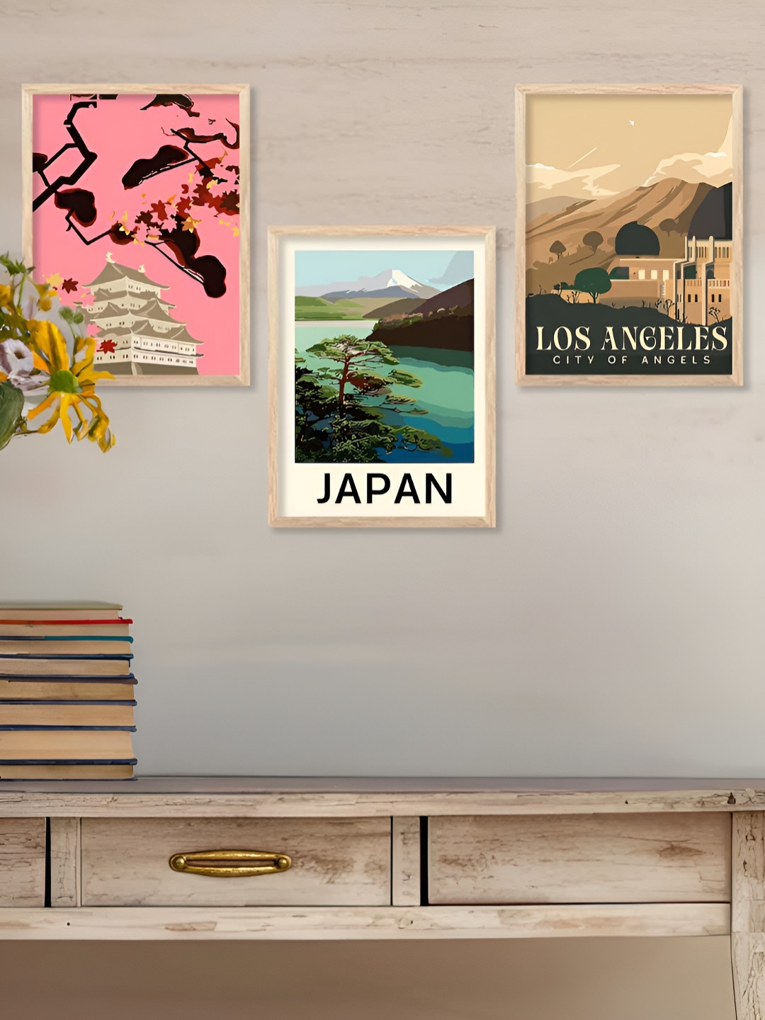 Kotart Brown & Green 3 Pieces Wooden Travel Wall Arts