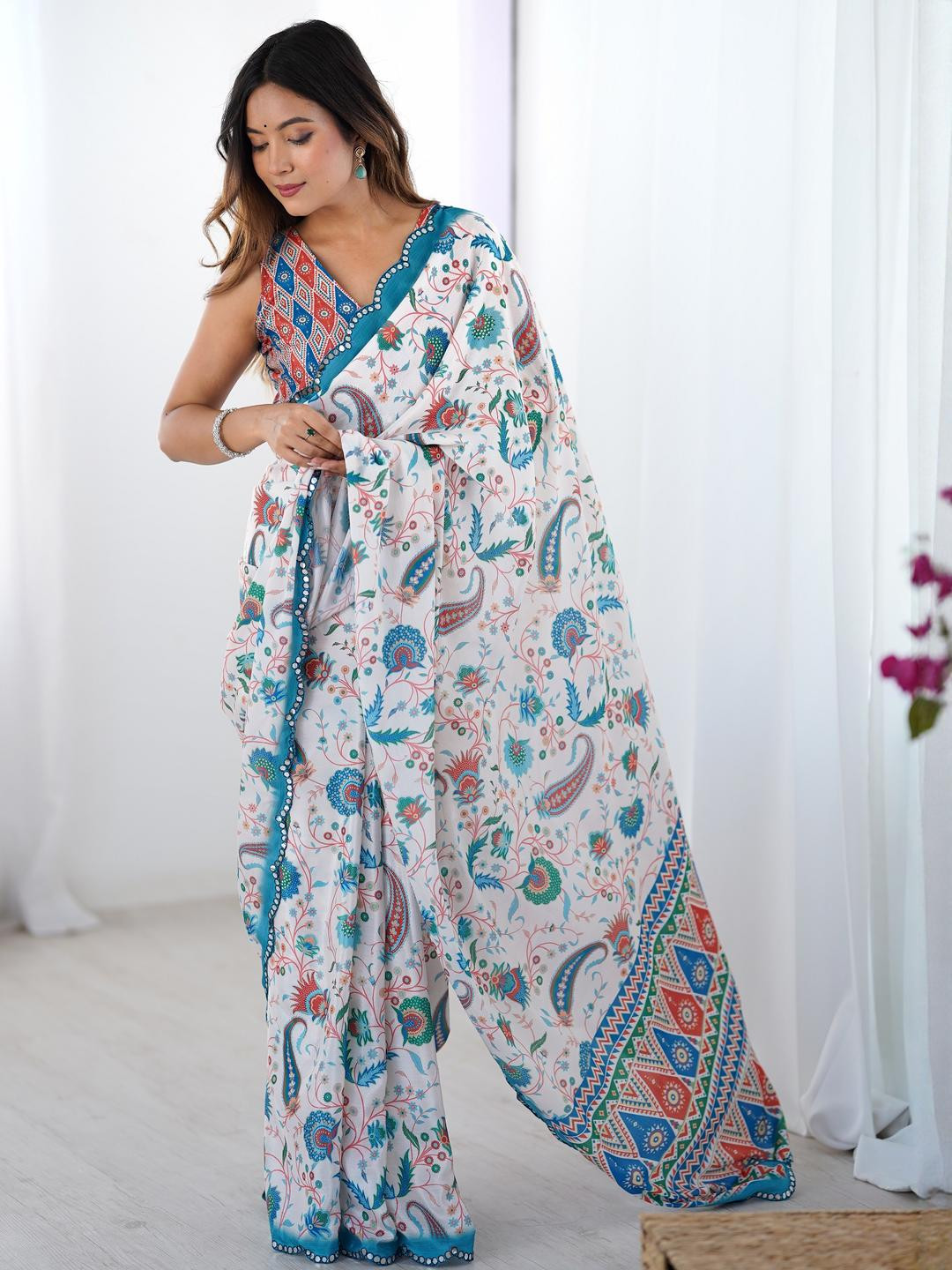 CaniBani Off White Silk Blend Sarees