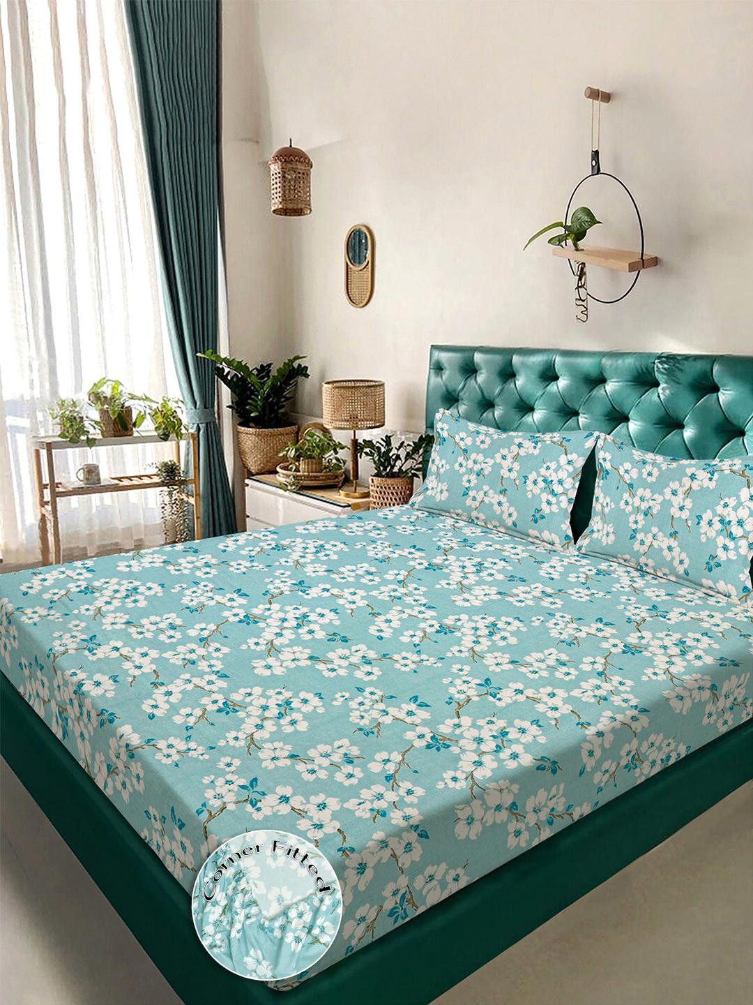 KLOTTHE White & Green Floral Printed Fitted 300TC King Double Bed Sheet & 2 Pillow Cover